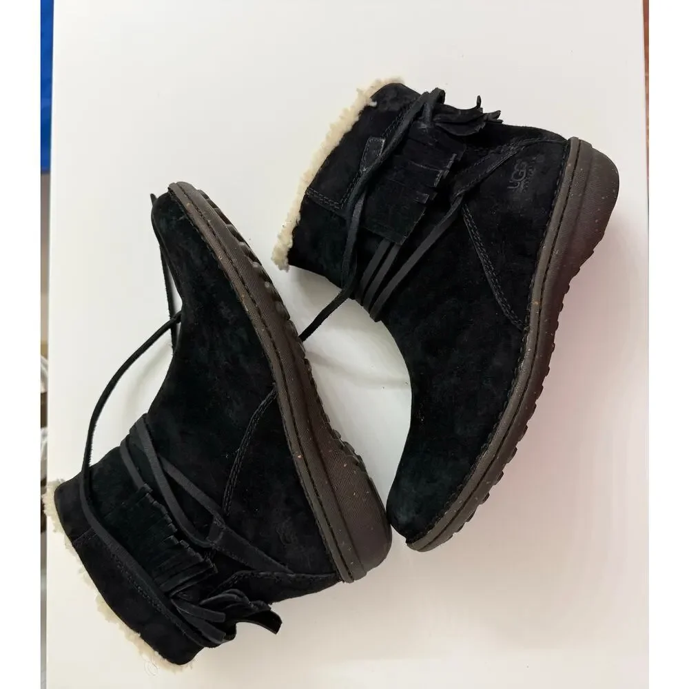 UGG Gaviota Boots Suede Fringe Shearling Wrap Ties Black Sz 9 Casual Boho Cozy - Picture 5 of 9